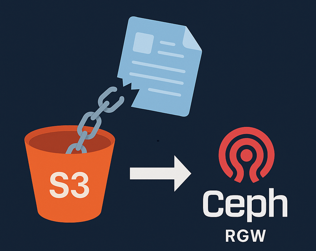 aws s3 to ceph rgw migration illustration with data bucket and broken chain
